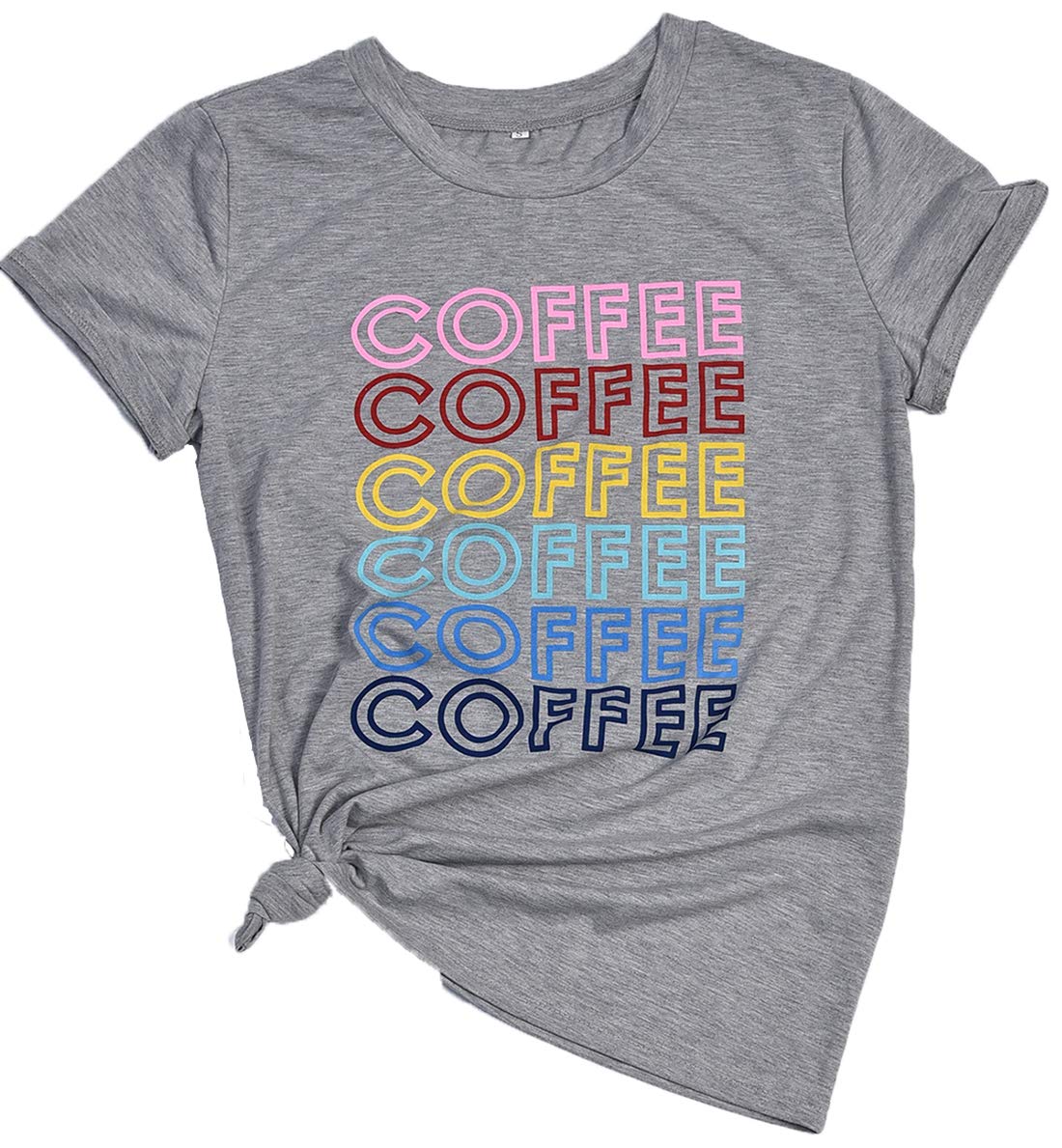 Ido4U Women\'s Graphic Tees Summer Cute Round Neck Short Sleeve Casual Color Letter Printed T-Shirts(Coffee-Grey,2XL)