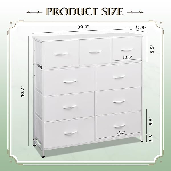 WLIVE 9-DRAWER DRESSER, FABRIC STORAGE TOWER FOR BEDROOM, HALLWAY, CLOSET, TALL CHEST ORGANIZER UNIT FOR BEDROOM WITH FABRIC BINS, STEEL FRAME, WOOD TOP, EASY PULL HANDLE, WHITE