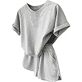 OYOANGLE Women's 2 Piece Lounge Set Raglan Short Sleeve Top and Drawstring Shorts Pajama Sets Workout Outfits