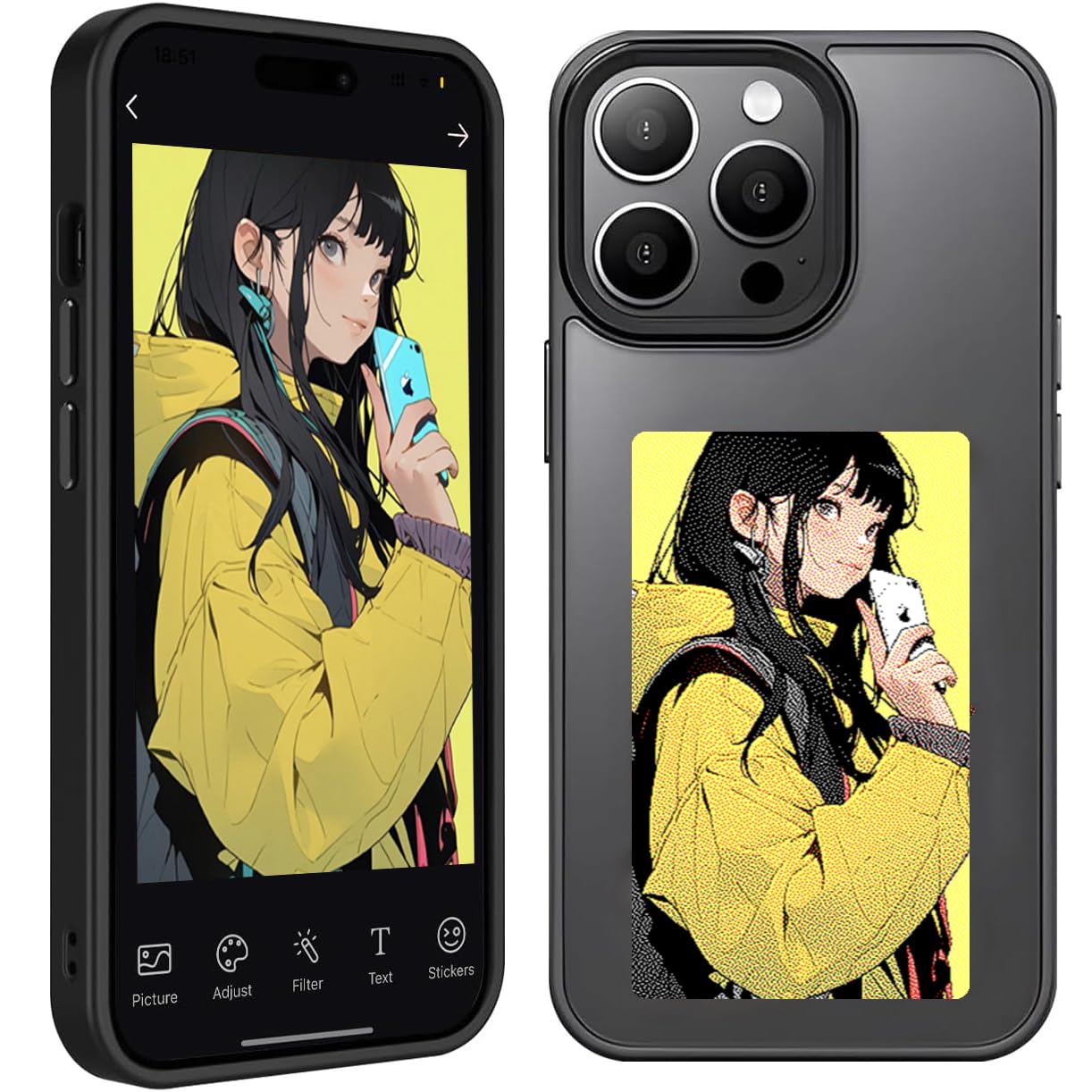 Youery Ink Screen Smartphone Case, Compatible with iPhone, of 3.5 Inch Pictures on Case, Custom Image Display AI Cell Phone Case, TPU Rubber DIY Phone Case (Black, iPhone15 Pro Max)