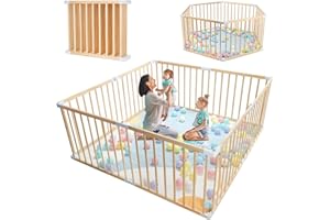 OMYBABY Foldable Baby Playpen for Toddlers, Expandable Wooden Play Fence, Large Wood Playpen Safety Playard for Indoor & Outdoor, Safe Play Area Kids Activity Center (26“ Tall, 8-Panel)