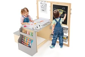 Costzon Easel for Kids, Wooden Art Center with Double-Sided Blackboard & Whiteboard, Paper Roll for Drawing, Crafts, Writing, Toddler Activity Table with Storage, Kids Table and Chair Set (Grey)