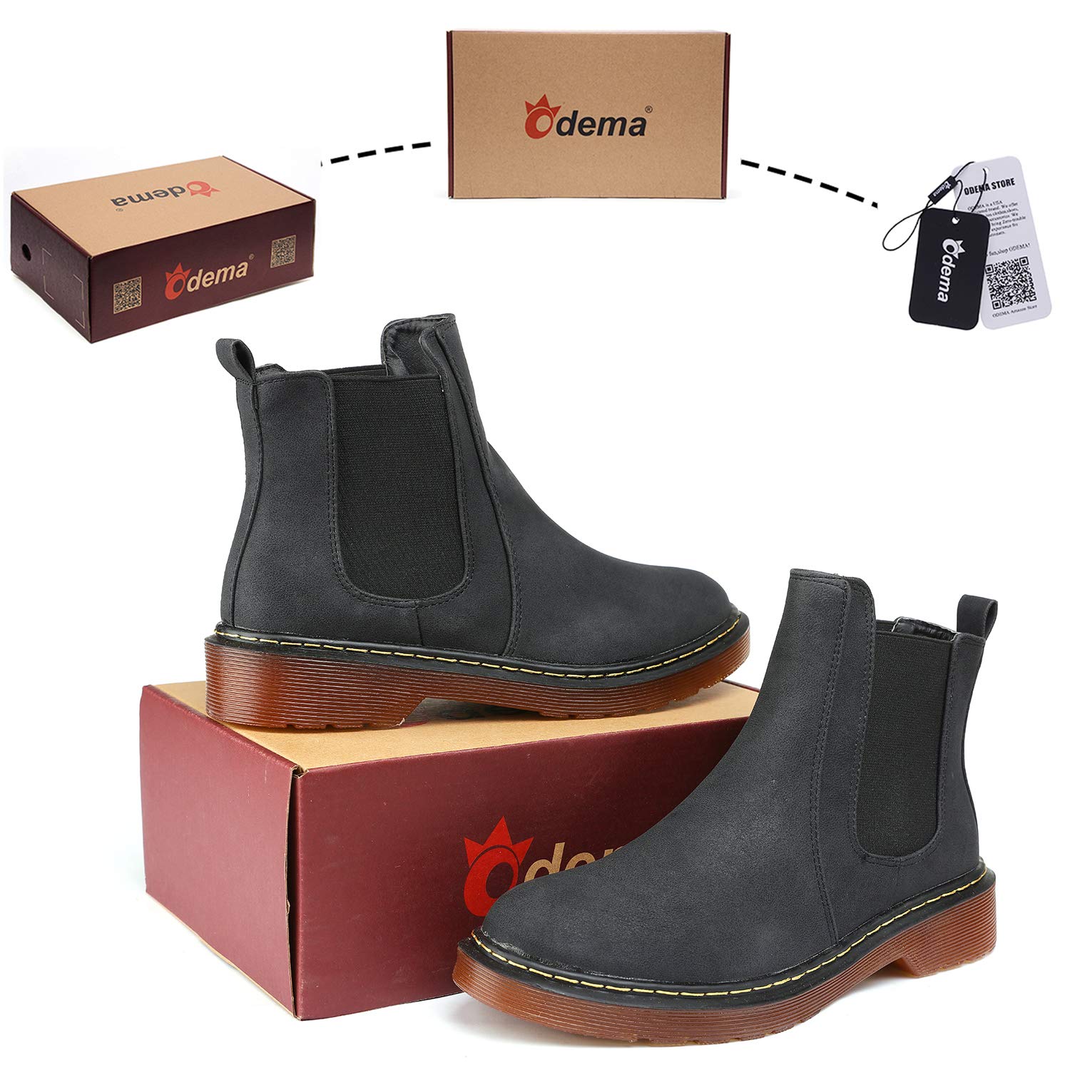 Odema Womens Leather Chelsea Boots Low Heel Elastic Slip On Ankle Bootie Black - Image 4