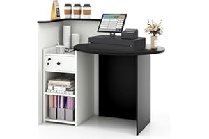 Giantex Reception Desk, Front Counter Desk with Lockable Drawer, Checkout Table with Round Tabletop, Corner Shelf & Adjustable Shelf for Office Beauty Salon Retail Store (White & Black)