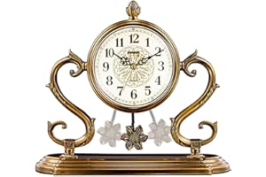 rnuie Mantle Clock for Living Room Decor,Vintage Metal Desk Clock with Pendulum,Table Clock Battery Operated for Fireplace Mantel,Farmhouse,Gold Shelf Decor
