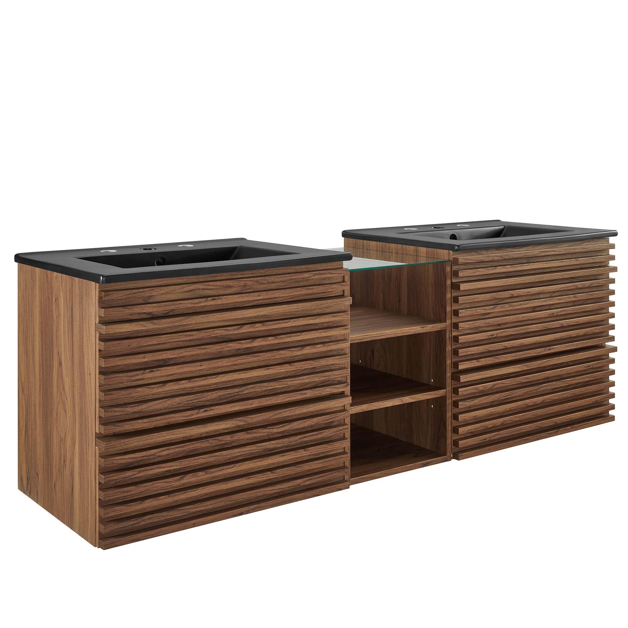 Photo 1 of ******1 of 3****** Modway Render 62 Inch Mid-Century Modern Floating Bathroom Vanity with Double Sink in Walnut Black – Wall-Mount Vanity with Storage Cabinet and Dual Ceramic Sinks