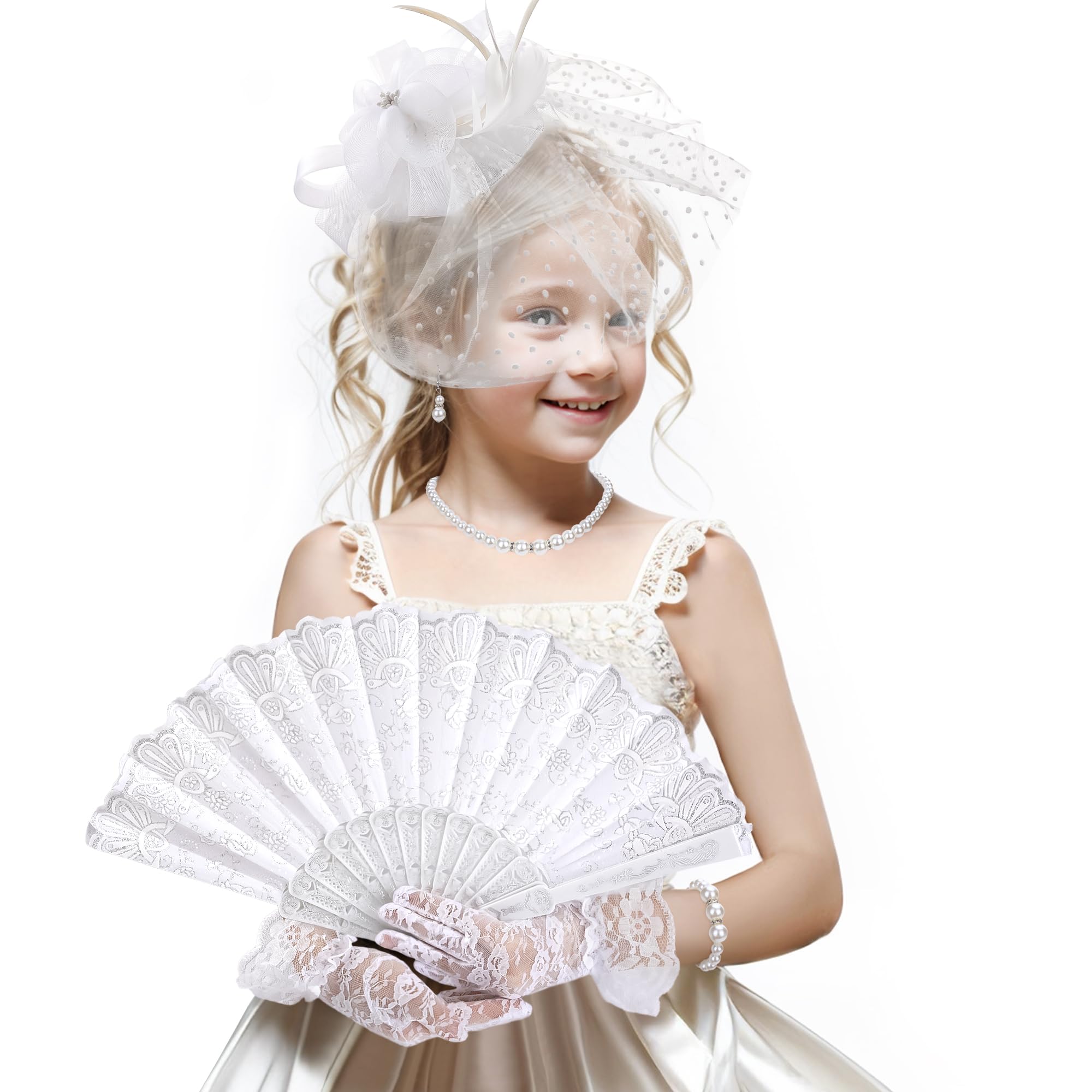 Photo 1 of Zinniday White Victoria Hat Set - Derby Fascinator 2025 Set for 1920s 50s Costume Party, Girls High Tea Pary Church Kentucky Hats with Pearl Necklace Earring Hand Fan and Lace Gloves Kit