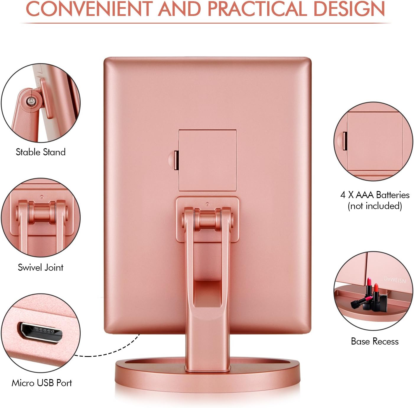 Flymiro Tri-fold Lighted Vanity Makeup Mirror with 3x/2x Magnification,21 LEDs Light and Touch Screen,180 Degree Free Rotation Countertop Cosmetic Mirror,Travel Makeup Mirror (Rose Gold): Home & Kitchen