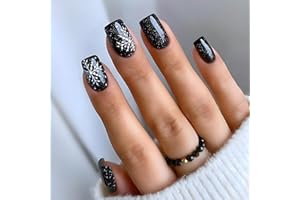 KSTBJN Snowflake Press on Nails Christmas Fake Nails Short Square Glue on Nails Black False Nails with Design Xmas Acrylic Nails Full Cover Glossy Stick on Nails Cute Artificial Nails for Women Girls
