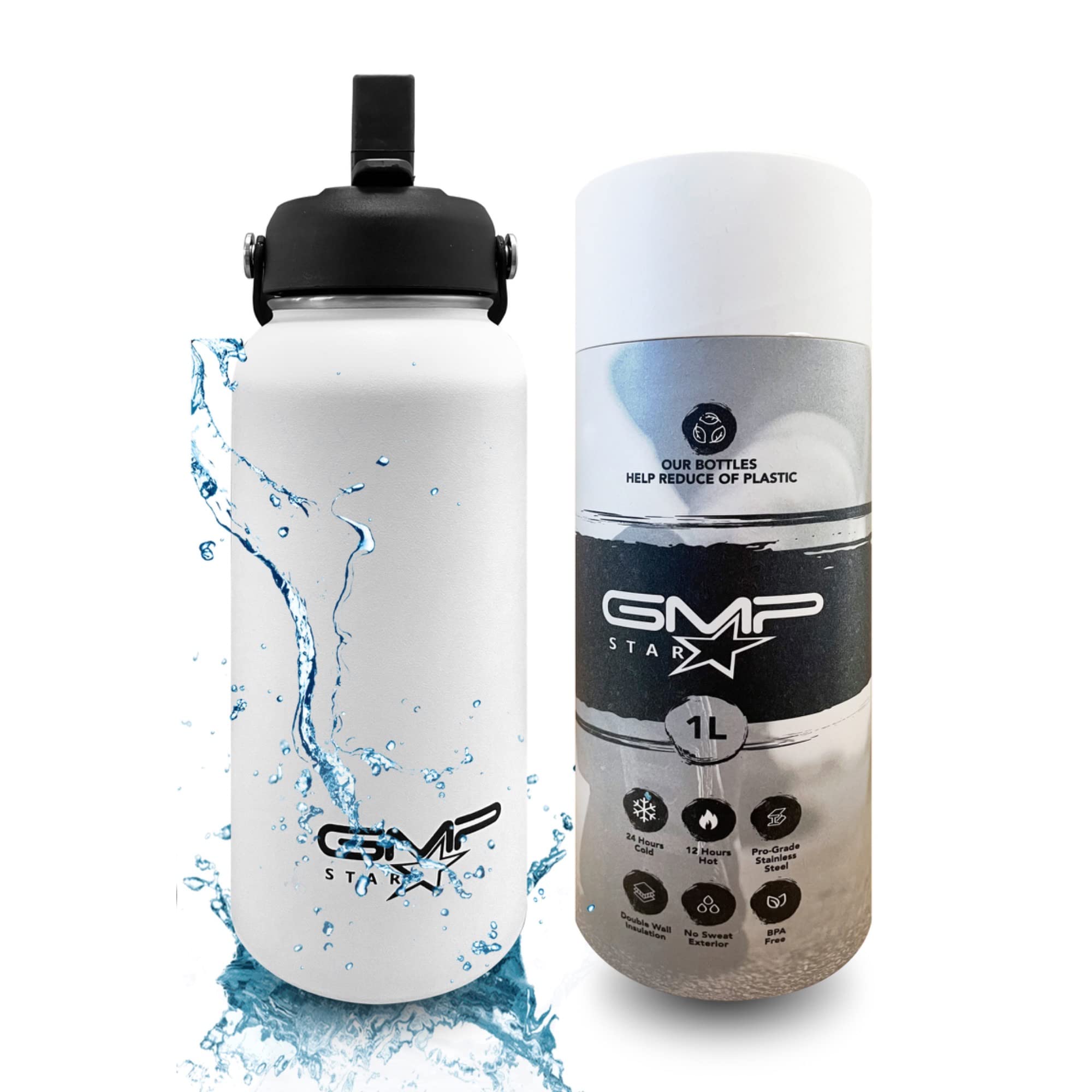 GMP star 18-8 Stainless Steel-Double-Wall Vacuum Insulation Water Bottle for Hot and Cold Drinks with Straw 1 Litre white UK Company