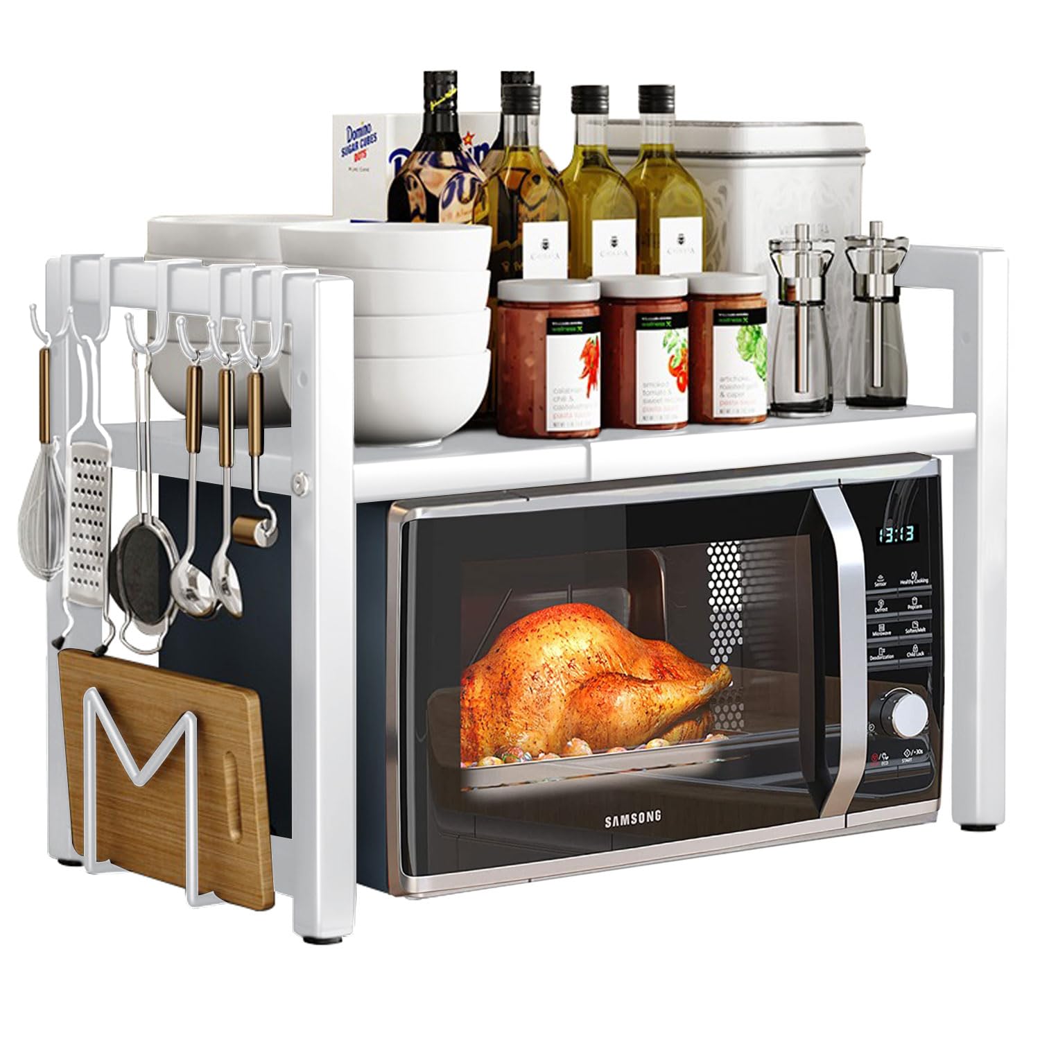 Expandable Microwave Oven Rack 2 Tier microwave shelf, Adjustable Carbon Steel Microwave Shelf,with 6 hooks Kitchen Counter Organizer Shelf Stand,Pot Pan Grill Storage Racks, Width 40-64cm white