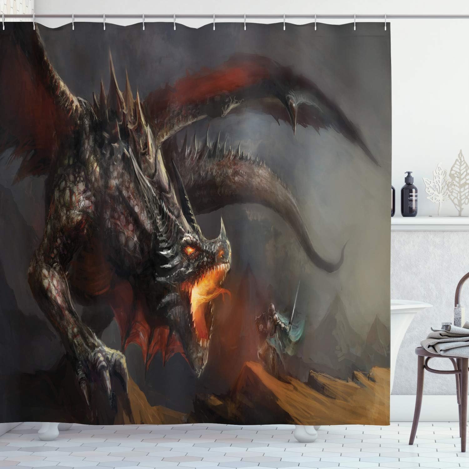 Ambesonne Medieval Shower Curtain, Fantasy Scene Fearless Knight with Dragon Art Antique Fantasy, Cloth Fabric Bathroom Decor Set with Hooks, 70" Long, Dimgrey Charcoal