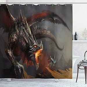 Ambesonne Medieval Shower Curtain, Fantasy Scene Fearless Knight with Dragon Art Antique Fantasy, Cloth Fabric Bathroom Decor Set with Hooks, 70" Long, Dimgrey Charcoal