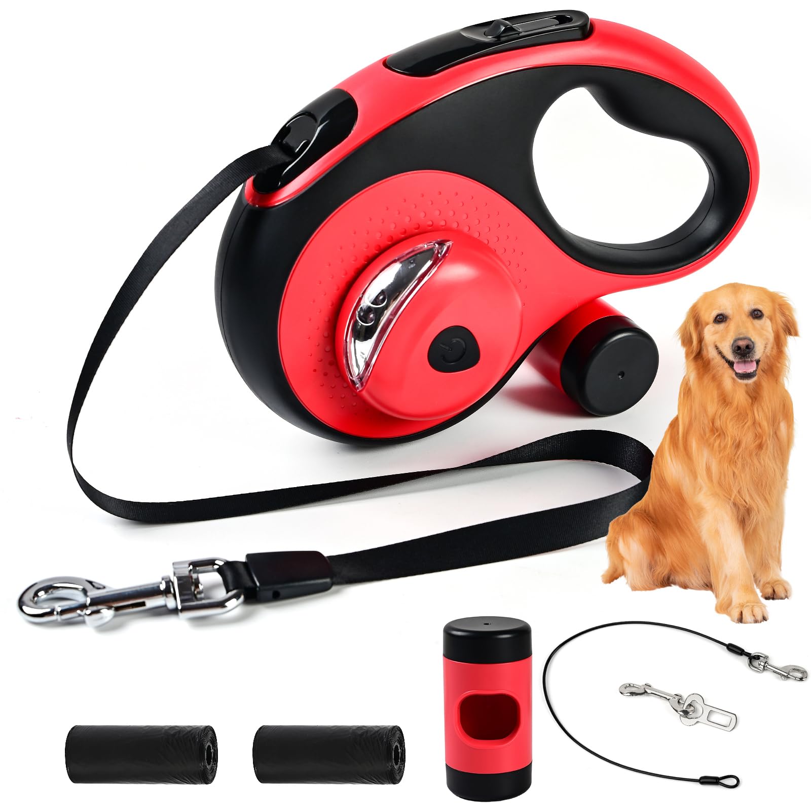 Photo 1 of ODRIEW Heavy Duty Retractable Dog Leash for Large Dogs, 26ft Dog Leash with Poop Bag Holder, Up to 110lbs, chew Proof Cable, 2 Rolls Poop Bags, 360° No-Tangle. (Red, 26ft)