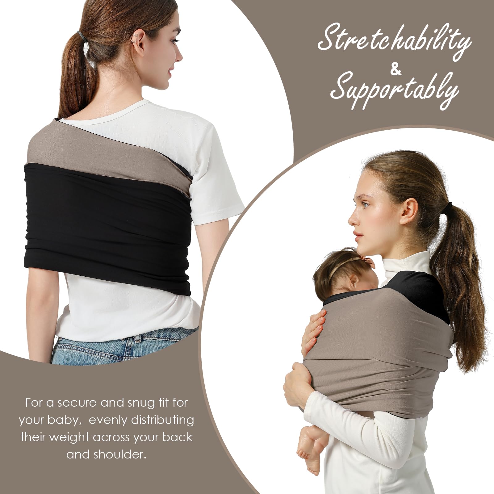 Shiaon Baby Wrap Carrier, Lightweight Baby Wearing Wraps for Newborn and Infant, Soft Swaddle Holder Carrier, Cozy Baby Sling 7-35 lbs Black+Brown