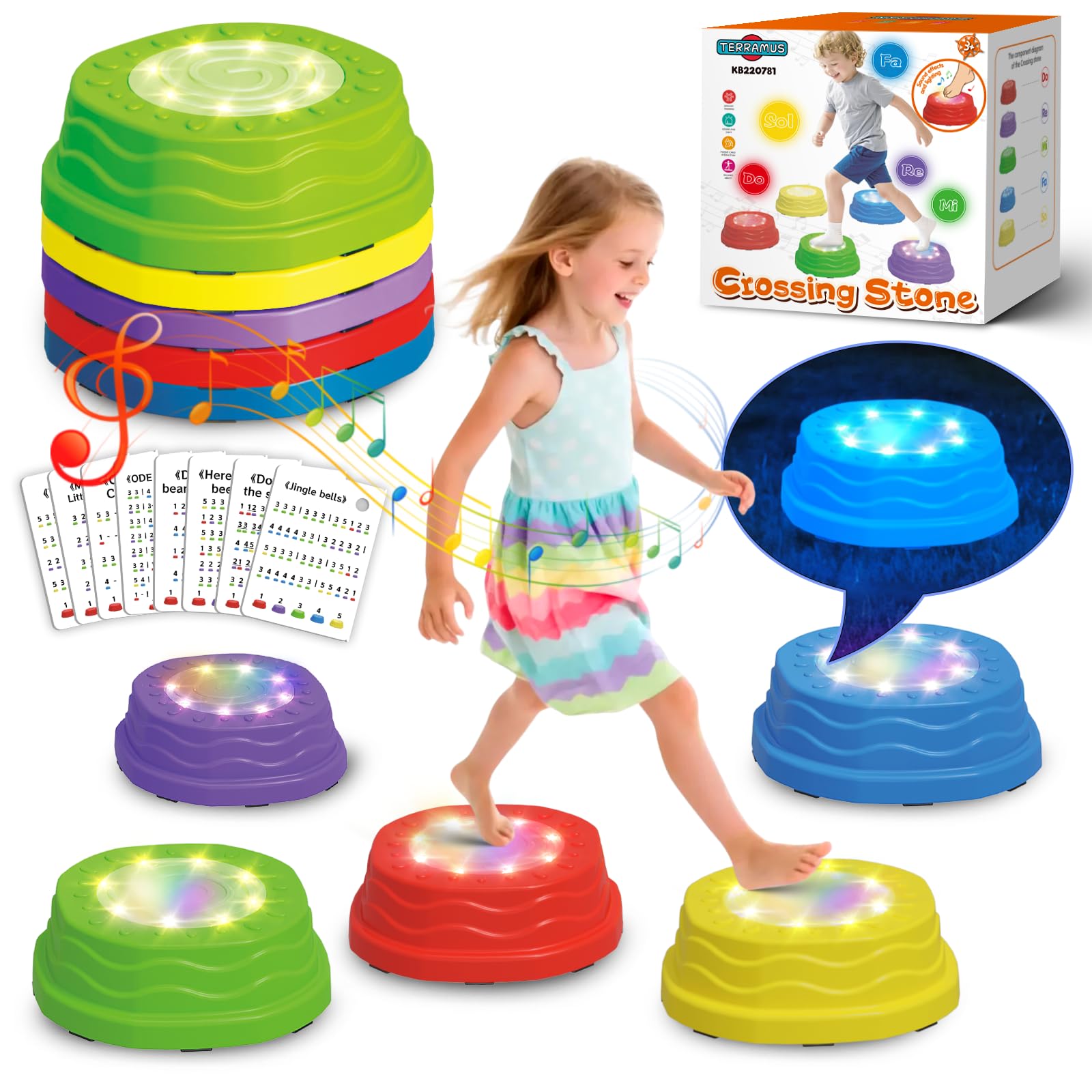 TERRAMUS Light up & Sound Stepping Stones for Kids, Toddler Sensory Toys Jump Balance Stones for Autism, 5 PCS Obstacle Course Indoor & Outdoor Equipment Improve Coordination, Gifts for Boys Girls 3+