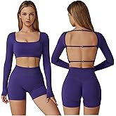 ABOCIW Workout Sets for Women 2 Piece Seamless Long Sleeve Crop Top Scrunch Butt High Waisted Shorts Gym Sets