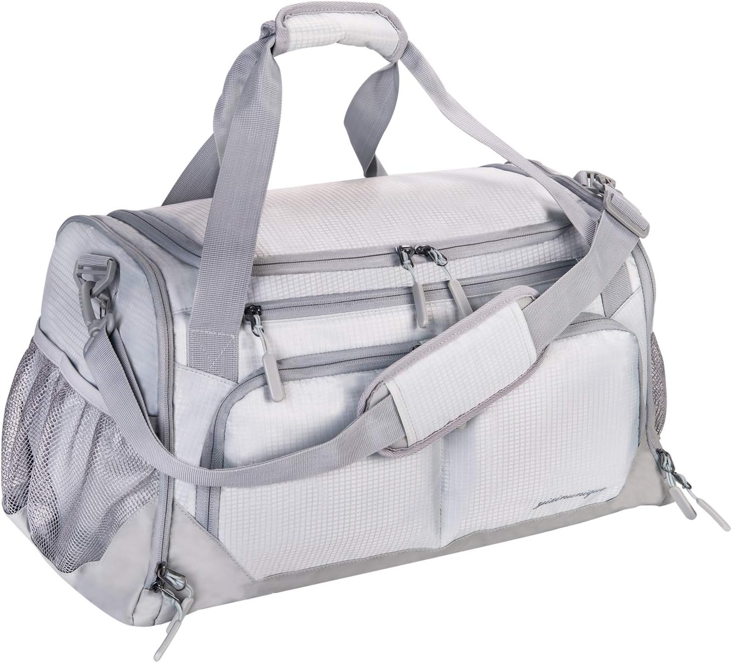 Gym Bag, Sports Travel Duffel Bag with Shoes Compartment & Wet Pocket & Water Resistance Pouch, Men Women, 31L (17”), Gray