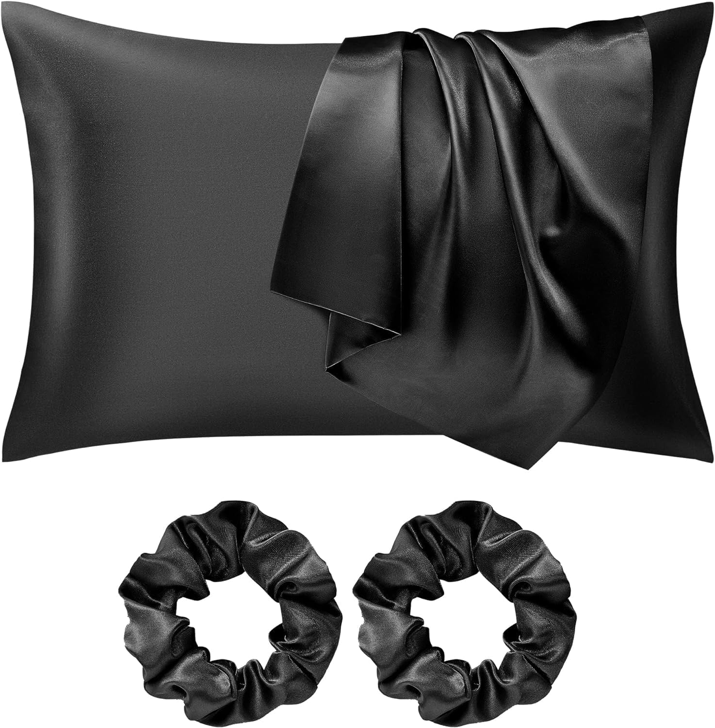 Seiwohl Satin Pillowcases for Hair and Skin Black Silk Pillowcase 2 Pack with Hair Silk Scrunchies for women, Cooling Pillow cases with Envelope Closure, Standard Size 50x75 cm — image 1
