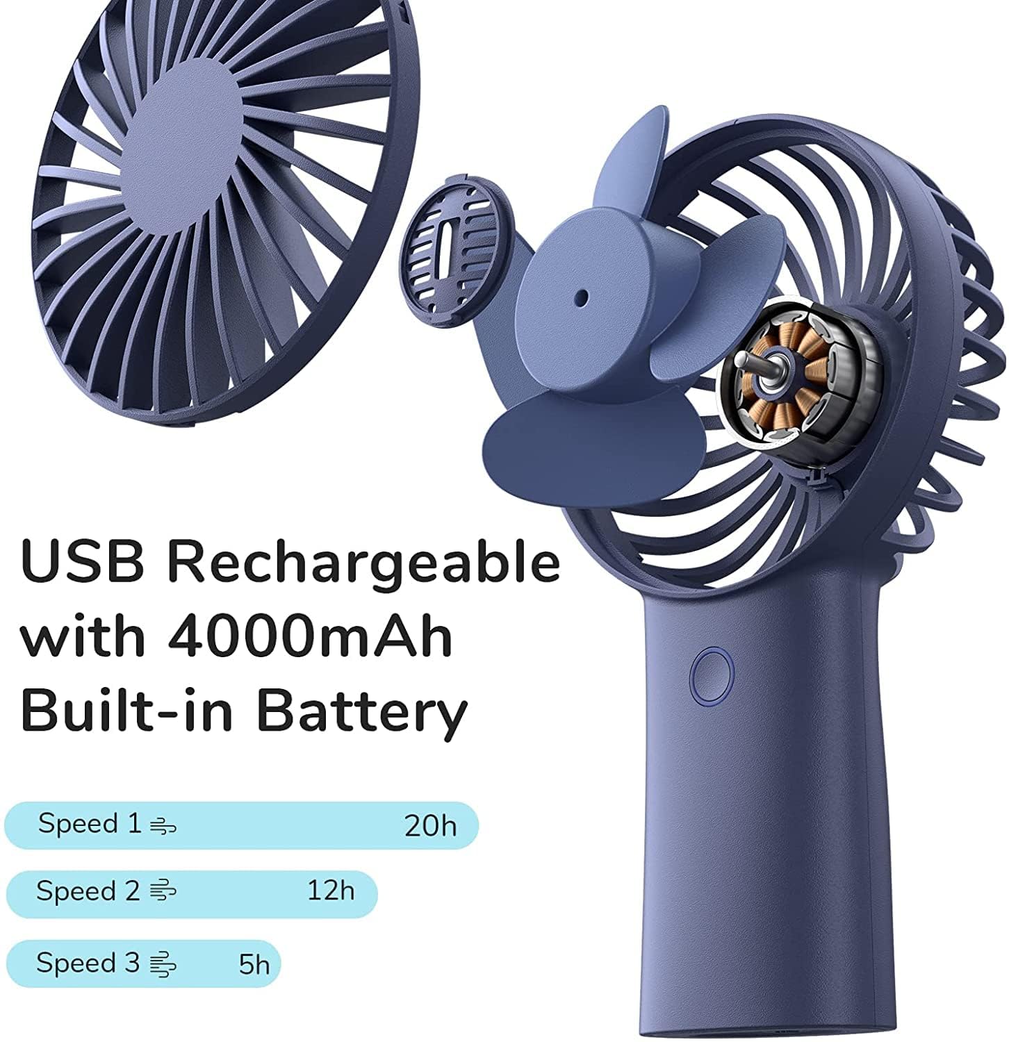 JISULIFE Handheld Fan with 20 Hours of Cooling, 4000mAh Battery, USB Rechargeable Portable Fan for Travel, Makeup, Concerts & Commute – Stay Cool Everywhere (Blue)