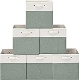 FinishingBo 13 x 13 Inch Fine Linen Storage Bins with Handles，Fabric Cube Boxs，Basket Organizers for Shelves for Home, Closet Drawers (White/Green-6 Pack)