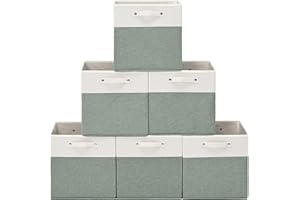 FINISHINGBO 13 x 13 Inch Fine Linen Storage Bins with Handles，Fabric Cube Boxs，Collapsible Basket Organizers for Shelves for Home, Closet Drawers (White/Green-6 Pack)