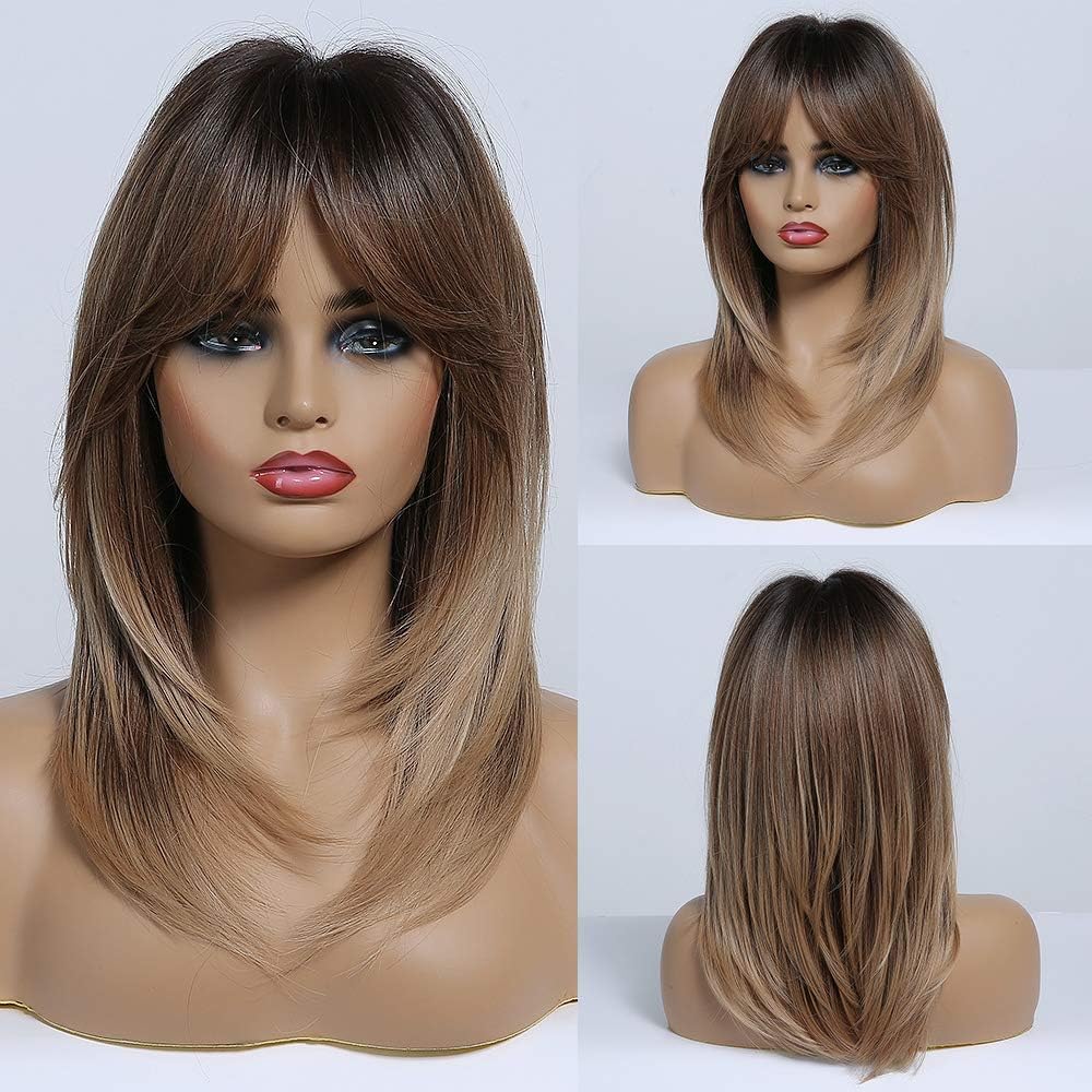 HAIRCUBE Long Brown Wigs for Women Layered Synthetic Hair Wig with Fringe, Ombre Brown to Blonde with Dark Roots