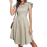 YATHON Casual Dress for Women Summer Round Neck Ruffle Cap Sleeveless Swing A Line Floral High Low Hem Sundresses with Pocket
