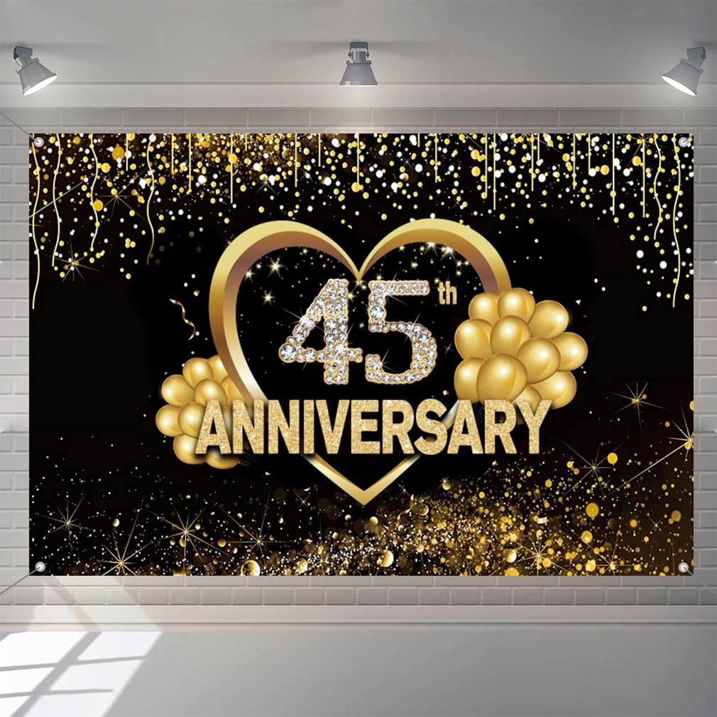 Happy 45th Anniversary Decorations Backdrop Banner, 45 Years Wedding Anniversary Fabric Sign Poster, Black and Gold Photo Background Party Supplies Welcome Sign, 150 cm x 90 cm