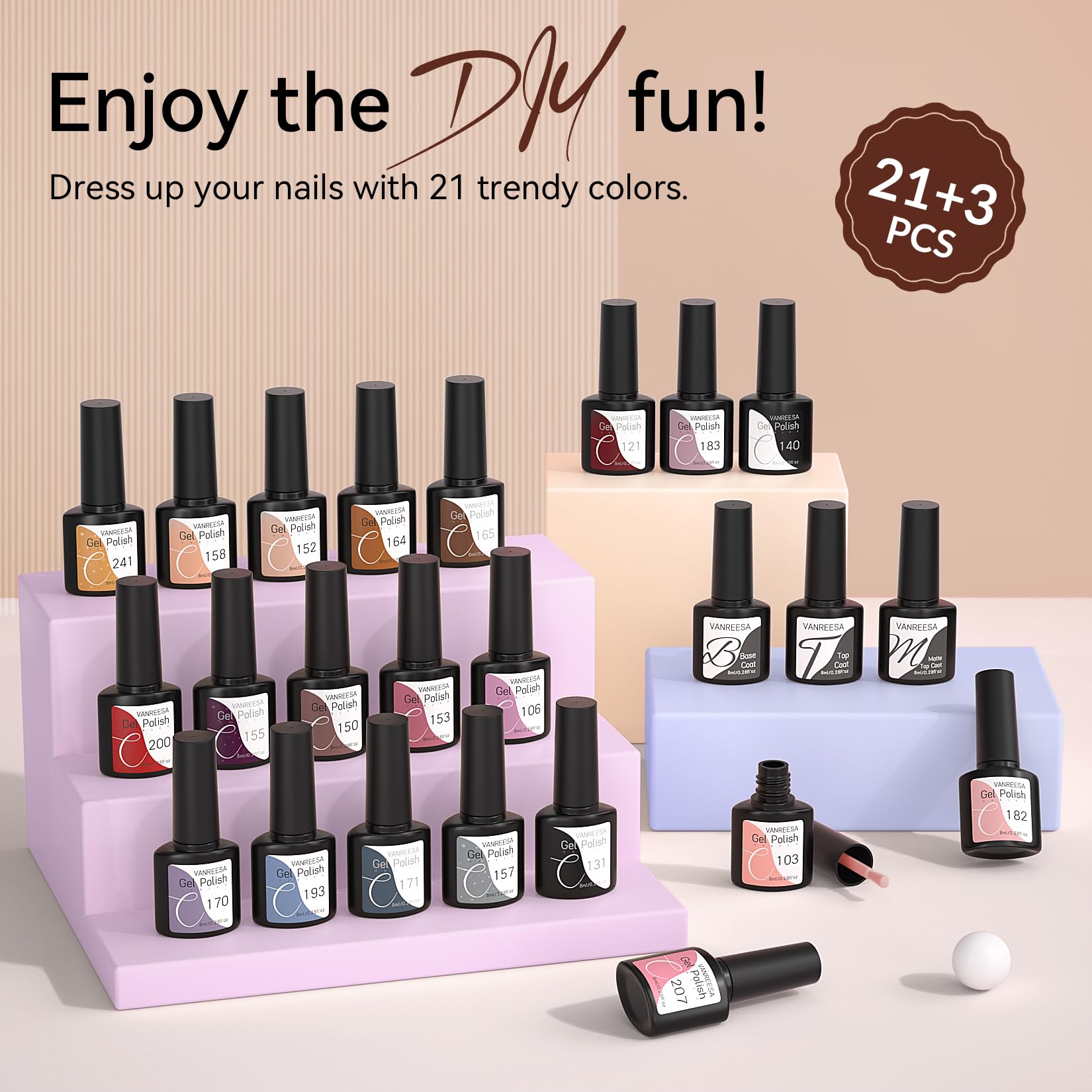 VANREESA 24 Pcs Gel Nail Polish Set-21 Fall Winter Colors Gel Nail Polish with Base Coat Glossy Matte Top Coat Gel Polish Set Nude Pink Red Brown Glitter Gel Polish Kit Gifts for Women Girls - Image 6