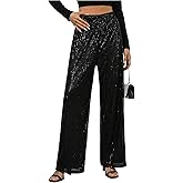 WDIRARA Women's Sequin Sparkle Pants Elastic Waist Wide Leg Party Club Trousers