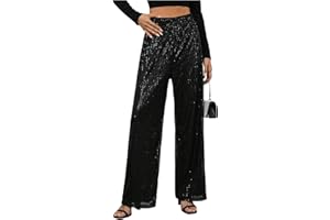 WDIRARA Women's Sequin Sparkle Pants Elastic Waist Wide Leg Party Club Trousers
