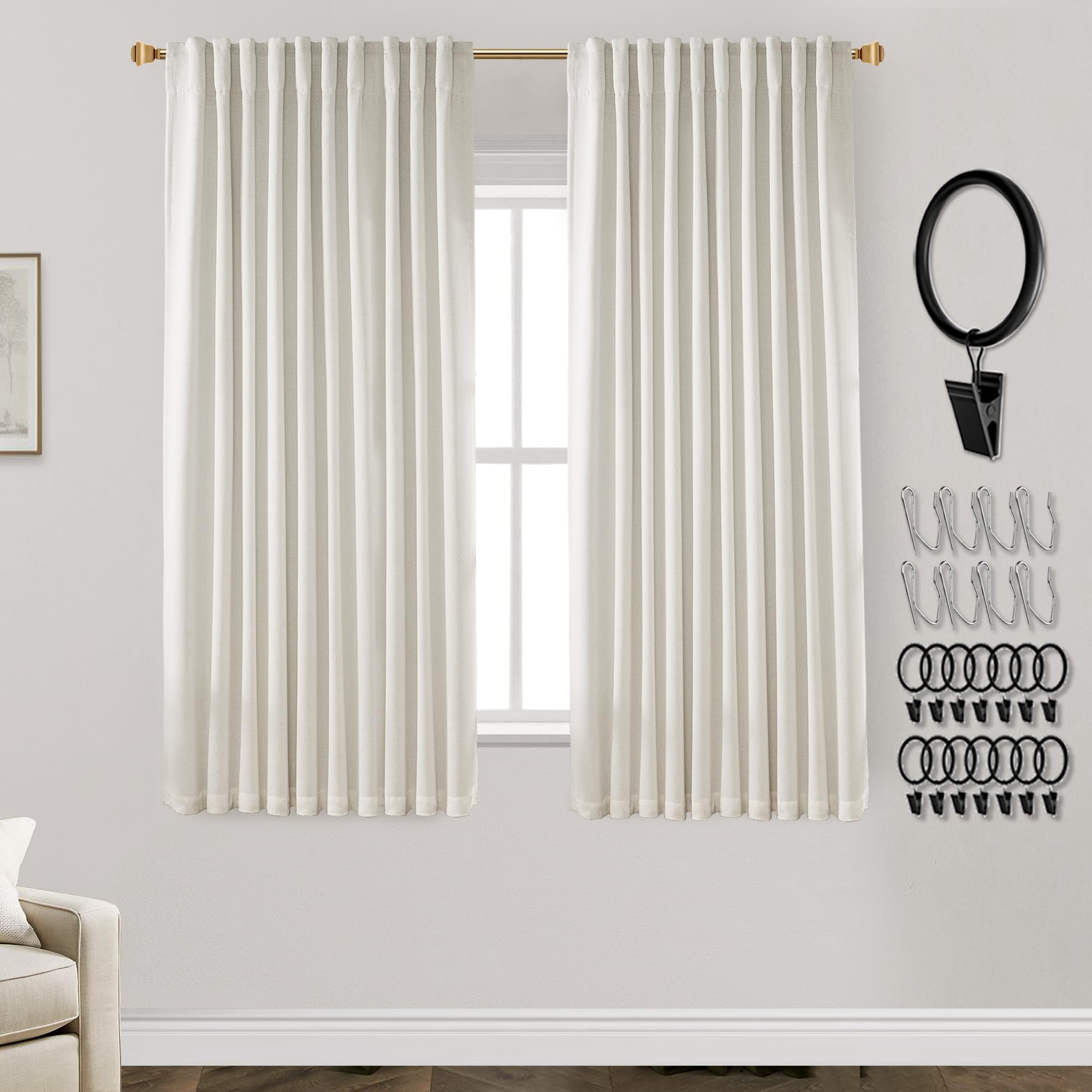 Photo 1 of Blackout Curtains for Bedroom 63 Inch Length,Linen Back Tab Pleated Insulated Thermal Room Darkening Black Out Curtains Drapes 63 Inches Long 2 Panels Set for Living Room,Cream Ivory Off White