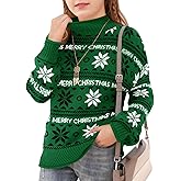 Haloumoning Girls Christmas Sweaters Kids Mock Neck Long Sleeve Pullover Sweater Knit Jumper Tops 5-14 Years