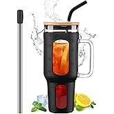 WINSA Glass Tumbler with Lid and Straw, 46 oz Iced Coffee Cup with Handle, Large Water Bottles with Silicone Sleeve, Glass Cup with Straws - Pearl Straw & Drinking Straw BPA Free-Black