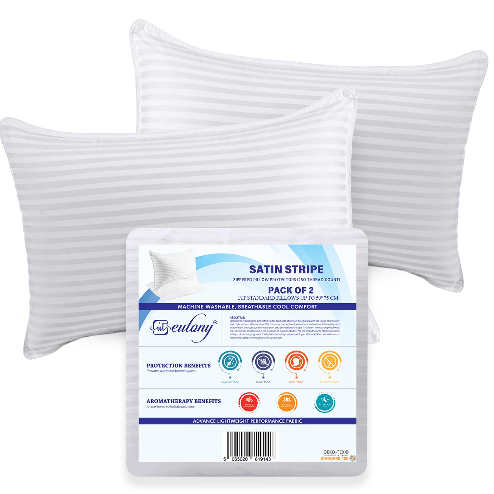Eutony Pillow Protectors 2 Pack Satin Stripes - Ultra Luxe Zipped Pillow Protectors, Soft & Breathable Hypoallergenic 50 x 75cm - White