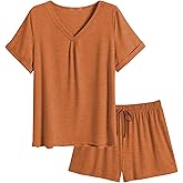 Ekouaer Pajamas Set Women's Short Sleeve 2 Piece PJ Sets V Neck Comfy Sleepwear Loungewear with Pockets S-XXL
