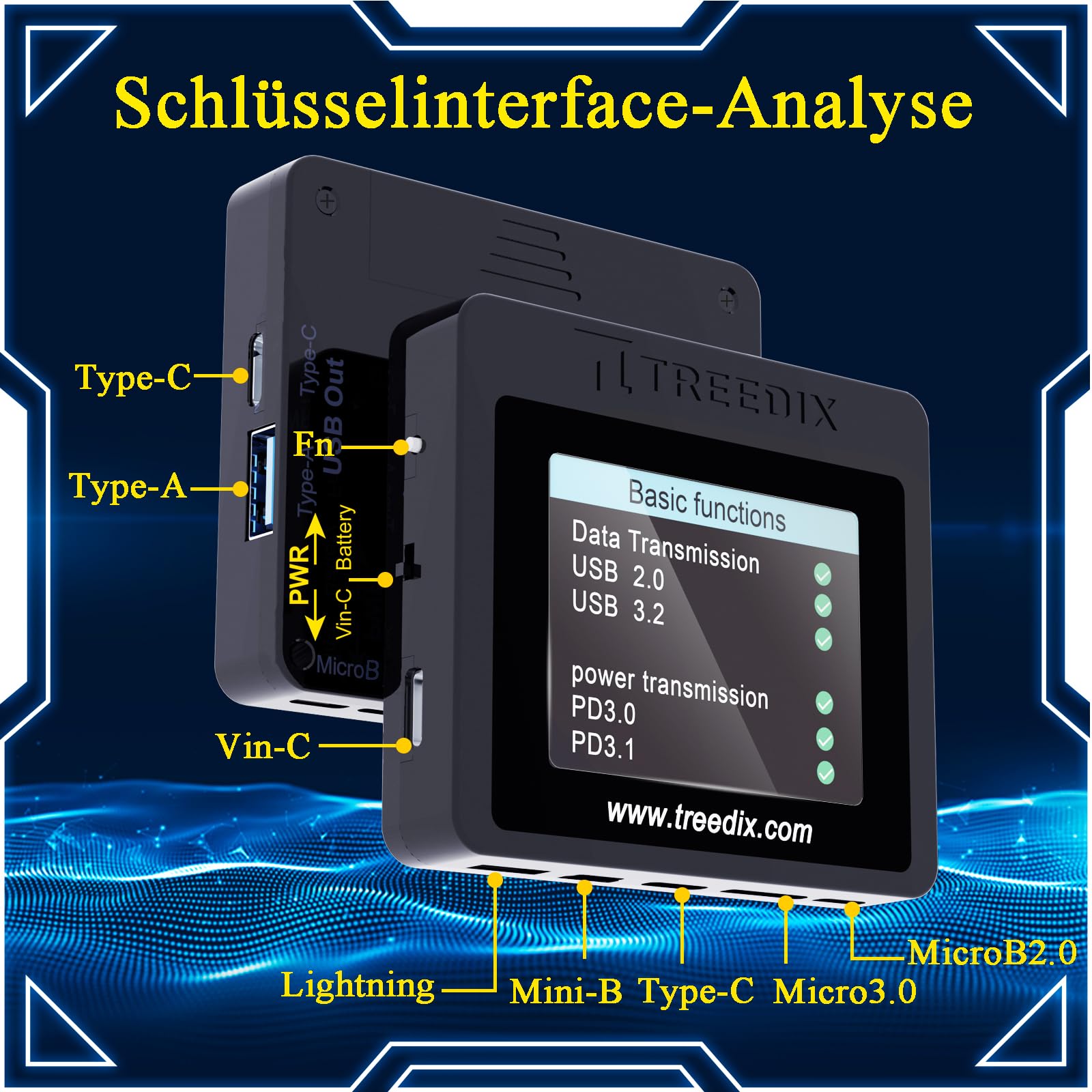 Treedix USB-Kabeltester, 2,4-Zoll-Farbdisplay USB-C-Kabeltester,USB-Tester unterstützt Kabeltests, Widerstandstests, Type-C eMarker für Lightning, Micro-B 2.0, Micro-B 3.0, Type-C, Mini-B 3