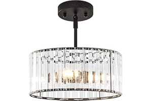 YURNYQ Black Crystal Chandelier, Small Modern Semi Flush Mount Ceiling Chandelier Light Fixtures, Round Hanging Lighting Fixture for Kitchen Bedroom Hallway Entryway Laundry Room, 3-Light, 11.8 Inch