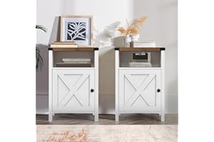 Catrimown Farmhouse End Table, Set of 2, Rustic Night Stand with Barn Door and Storage Shelf, White End Table Side Table for Bedroom Living Room, White