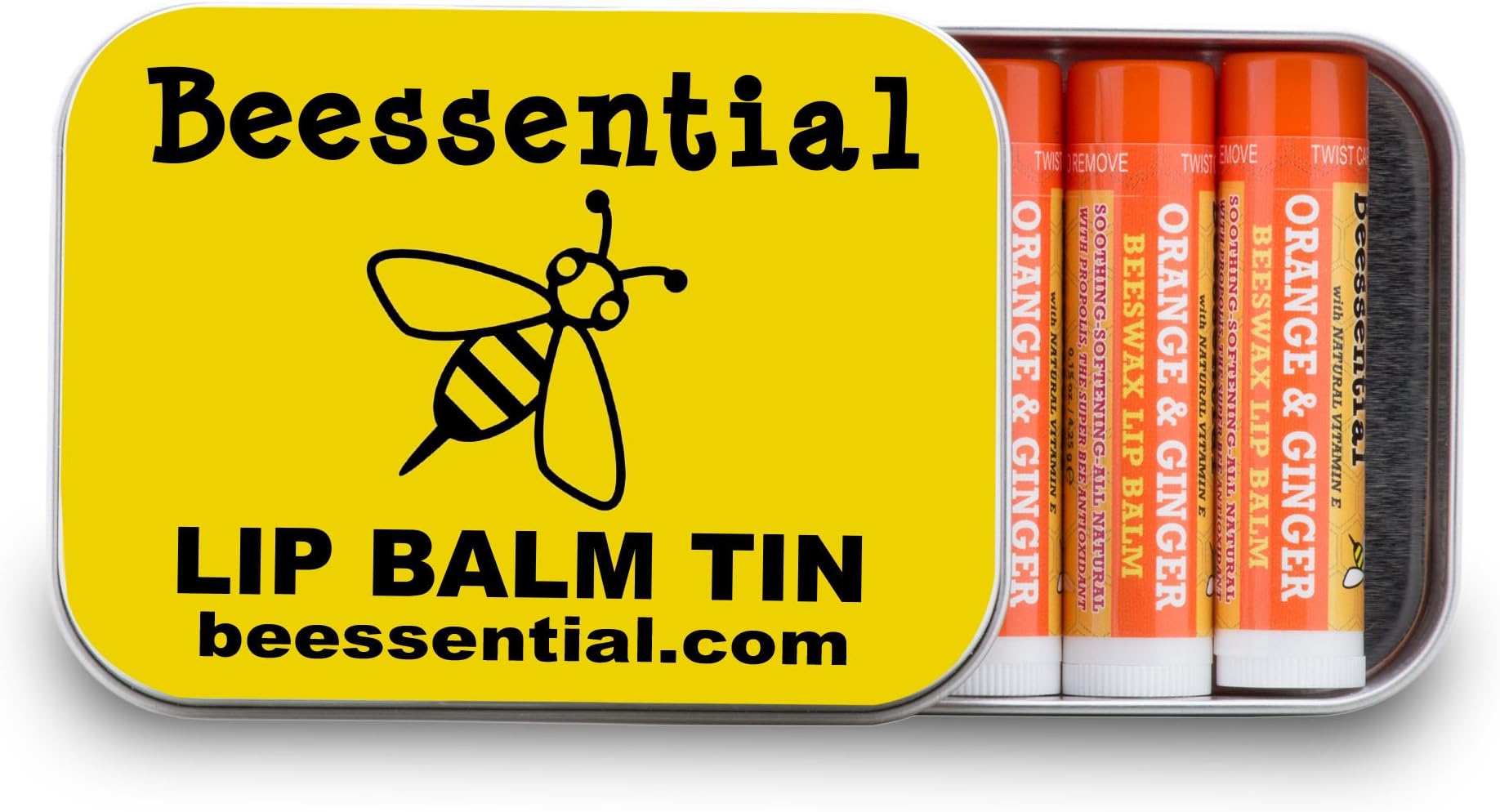 Beesential Orange Ginger Lip Balm Tin (5-Pack) Heals and Prevents Dry and Chapped Lips – Great for Men, Women, and Children – Moisturizing Beeswax, Coconut, Shea and Cupuacu Butter
