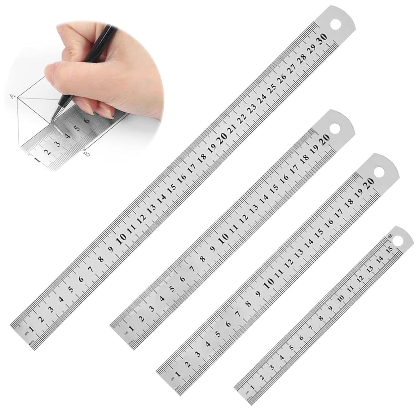 KIPTVO 4-Piece Metal Ruler Set - Stainless Steel Rulers 15cm, 20cm, 30cm - Perfect Straight Edge for Easy Measurements, Ideal for School, Teacher, Office