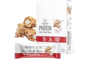 Genius Gourmet Nut Roll Bars Vanilla Caramel Peanut – 10g Protien, Zero Added Sugar, Gluten Free, Non-GMO – Sweet Snack & Dessert for Adults and Kids – 10 Ct Box