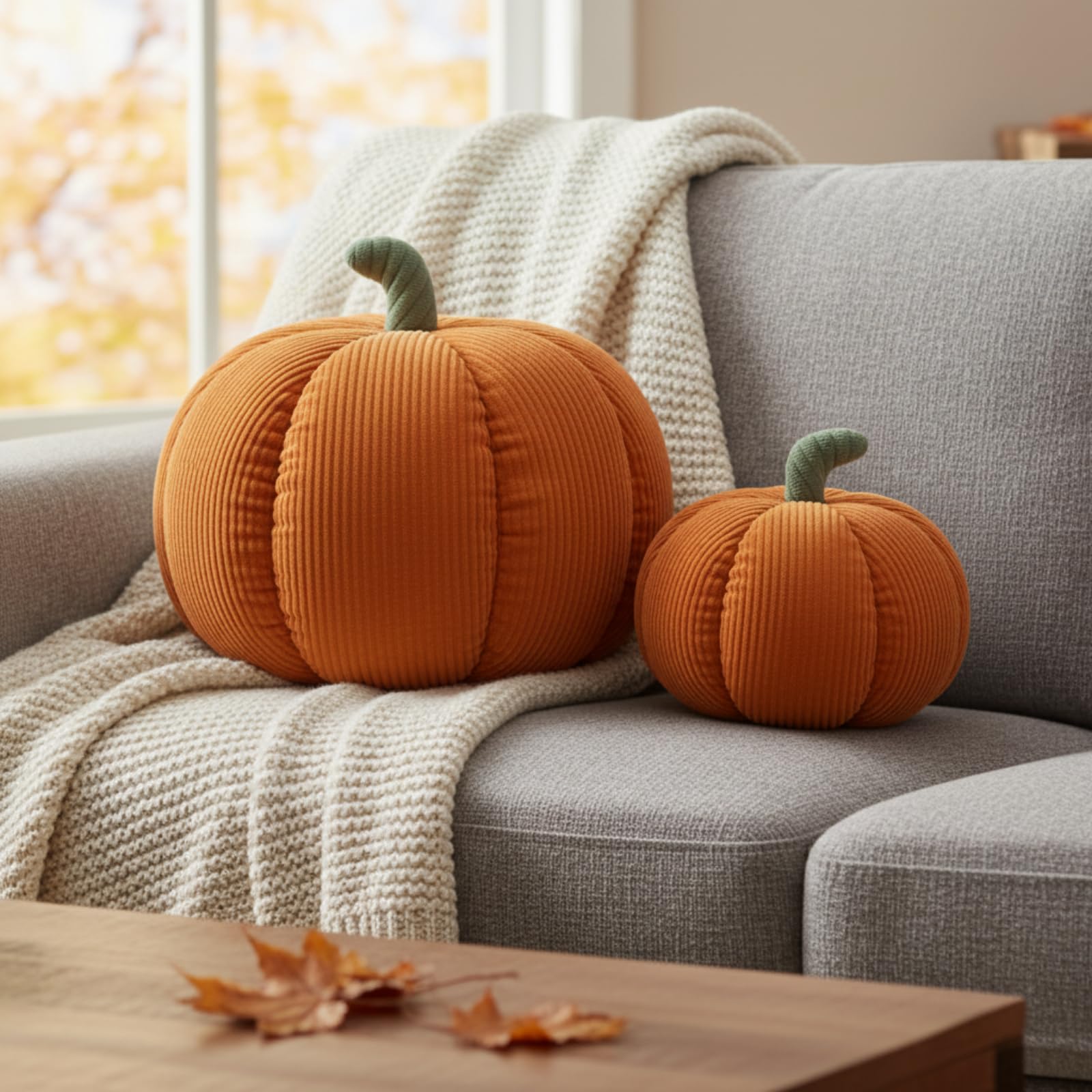 Photo 1 of 2 Pcs Fall Pumpkin Pillows SMALL, Corduroy 3D Simulated Pumpkin Throw 7'' and 11'' Soft Autumn Decorative Sofa Cushion for Thanksgiving Halloween Christmas Bedroom Home Decor(Orange)