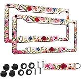 2pcs Abstract Flowers Floral License Plate Frame for Women,Pink Flowers Floral car Decorative tag Frames Girly,Hand-Painted Artistic Pink Flowers Floral License Plate Cover Holder for Vehicle