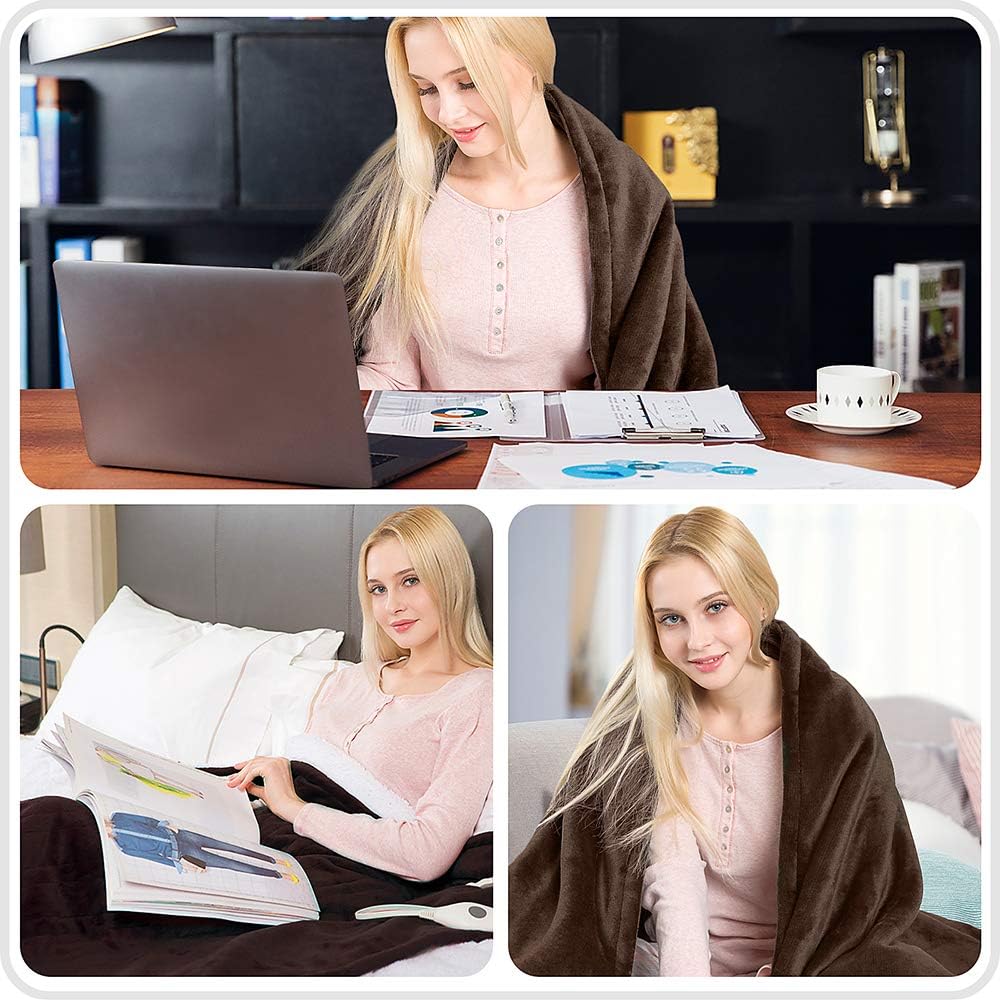 Homde Heated Electric Throw 50 Inch x 60 Inch Reversible Flannel/Sherpa Washable Blanket with 3-Heat Setting Auto-Off Controller for Bed or Couch (Brown): Home & Kitchen