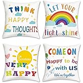 COZZSNUGE Colorful Kids Throw Pillow Covers, Rainbow Sun Inspirational Quotes Velvety Decorative Pillowcases for Sofa Bed Home Kids Room Classroom Set of 4, 18 x 18 Inches