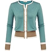Women's Cardigan Sweater Color Block Long Sleeve Crew Neck Knit Cardigan Trendy Cropped Cardigan Shrug