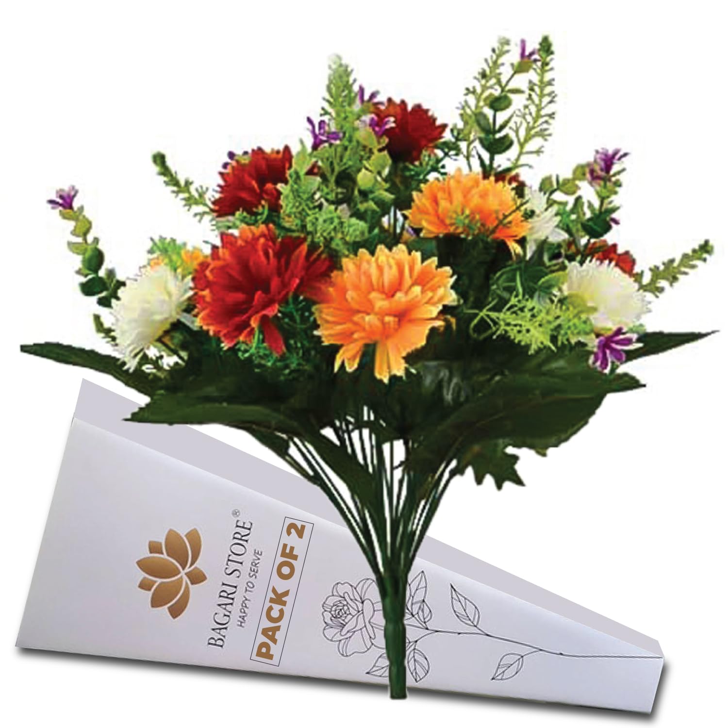 Bagari Artificial Flowers 2pc, Large Mixed Bush Grave Flowers, 41cm Fake Flowers for Decoration, Ivory - Red - Orange Artificial Flowers for Outdoor & Indoor Events Wedding Party Home Decoration