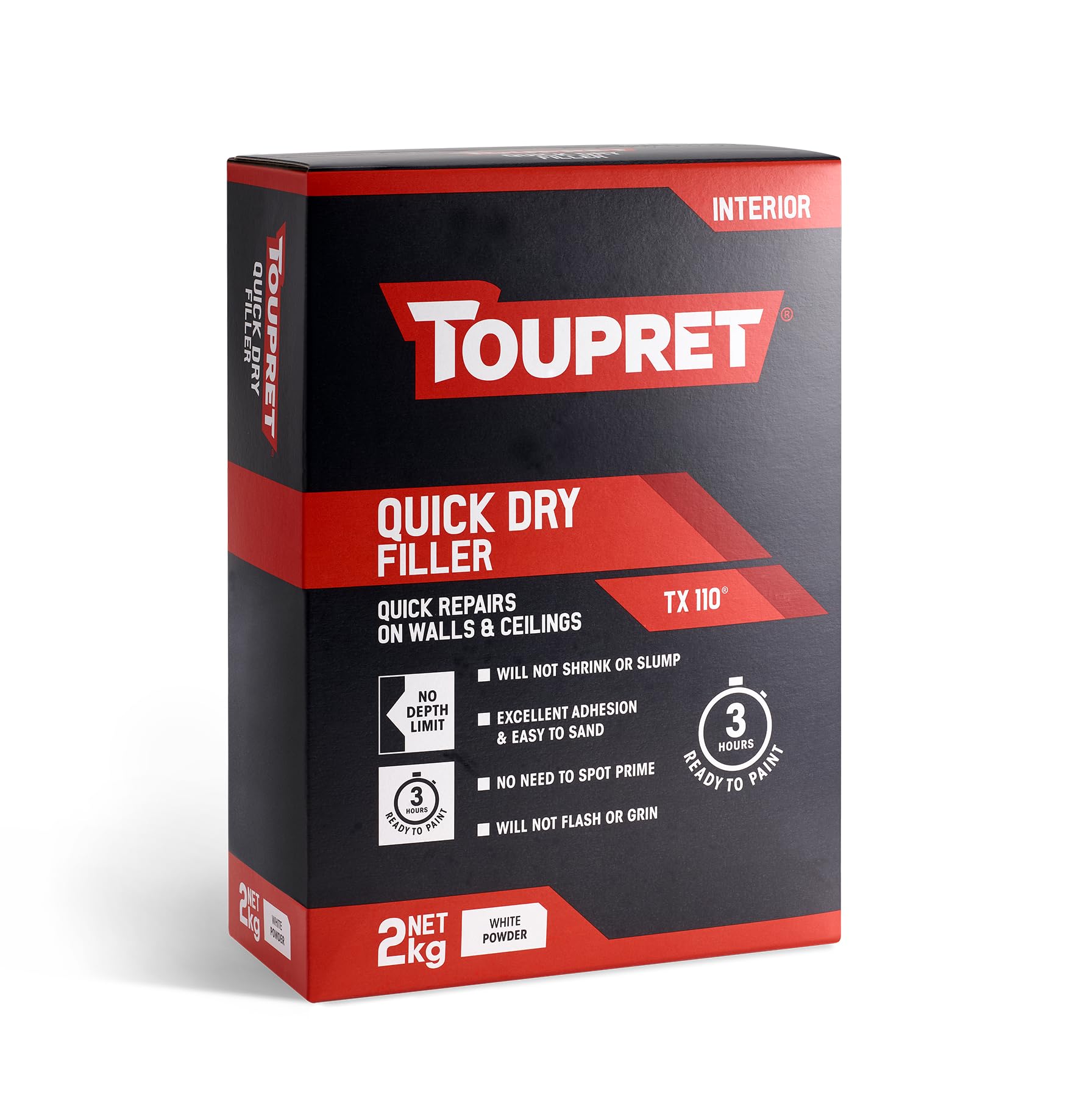 Toupret Quick Dry Filler - One‑Coat Interior Powder Filler, No Shrink or Slump, Ready to Paint in 3 Hours - Easy Mix & Sand - Smooth White Wall & Ceiling Repair - 2 kg